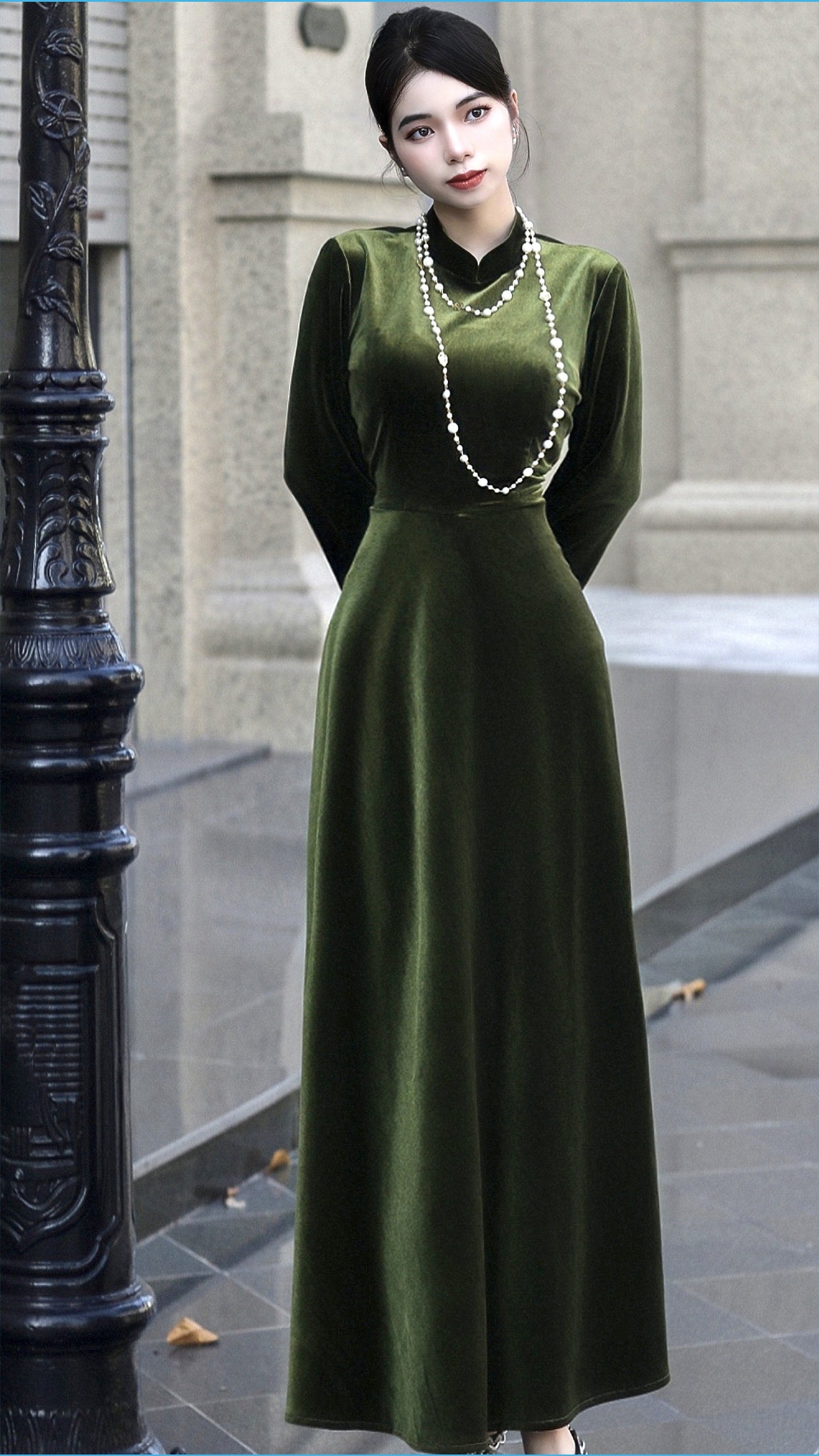 Chic Velvet Midi Dress with Long Sleeves and Turtleneck - Self-Tie Belt | Fashion for Spring and Fall | Custom Handmade Design