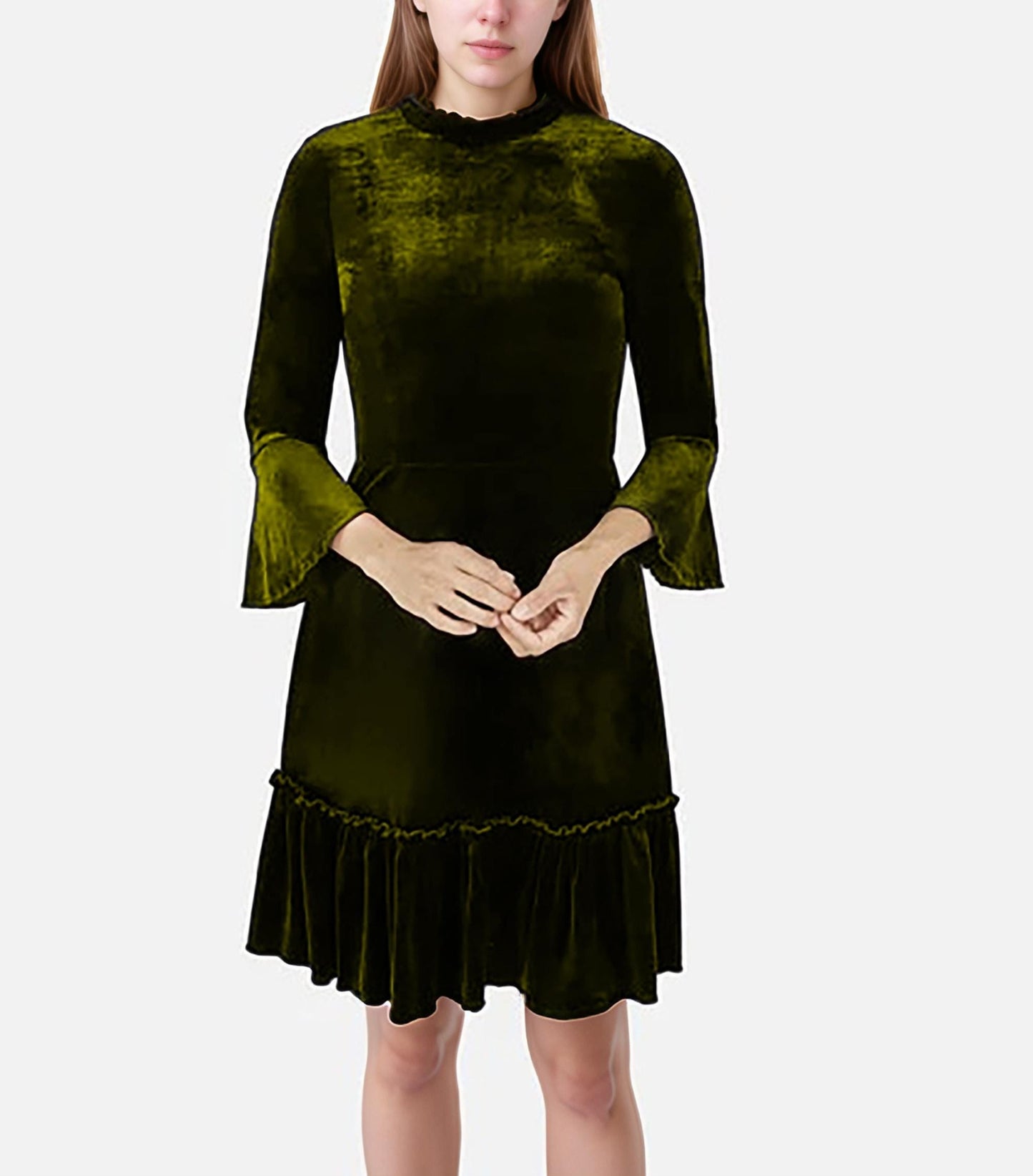 Vintage Olive Velvet Dress - High Neck Flare Sleeve Dress, Ruffled Hem Midi Dress, Elegant Retro Evening Dress | SKU.24T17T5M