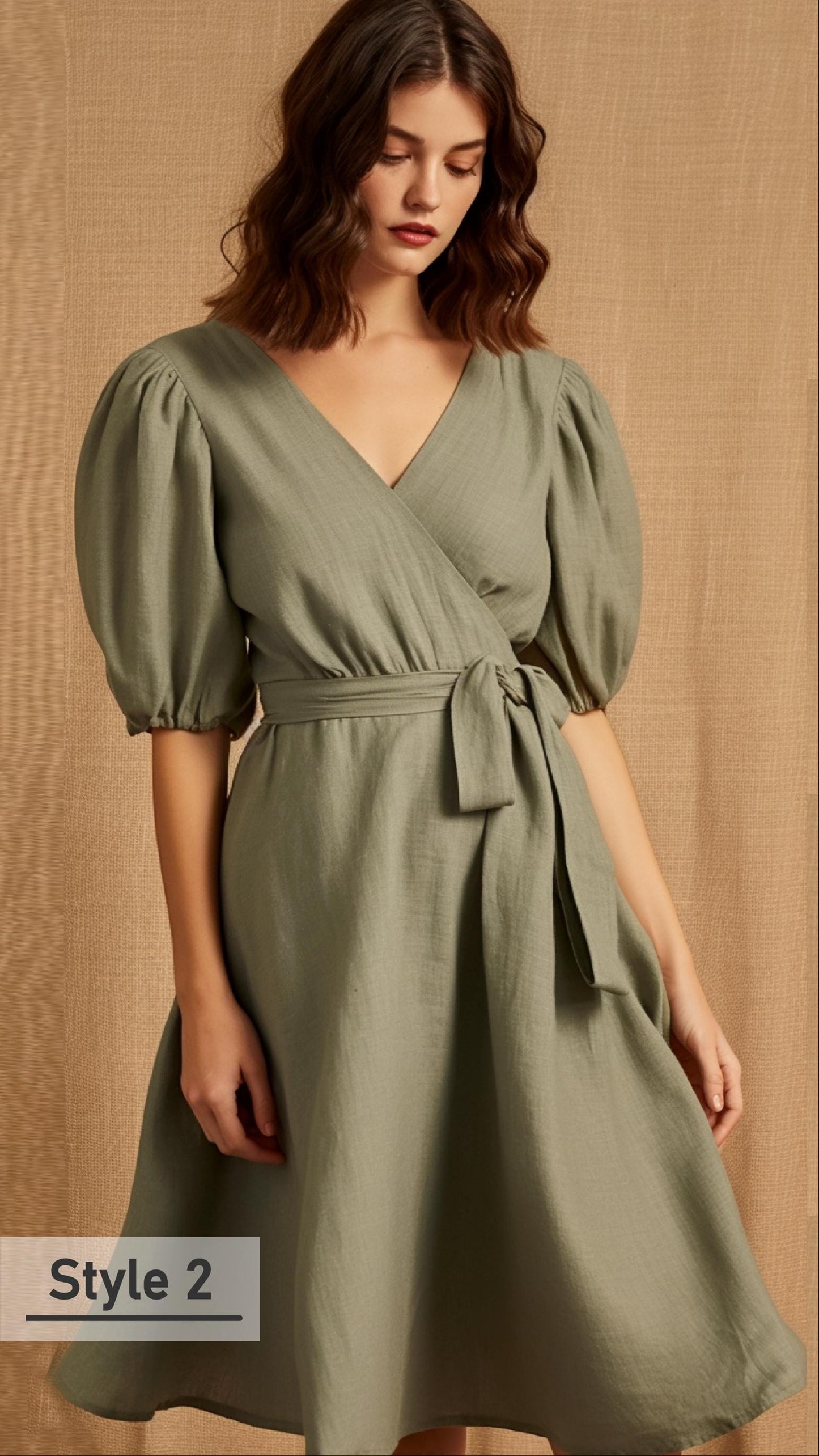 Olive Green Linen Dress with Puffed Sleeves & Waist Belt  - Women's Fashion | Customizable | 241016.U5