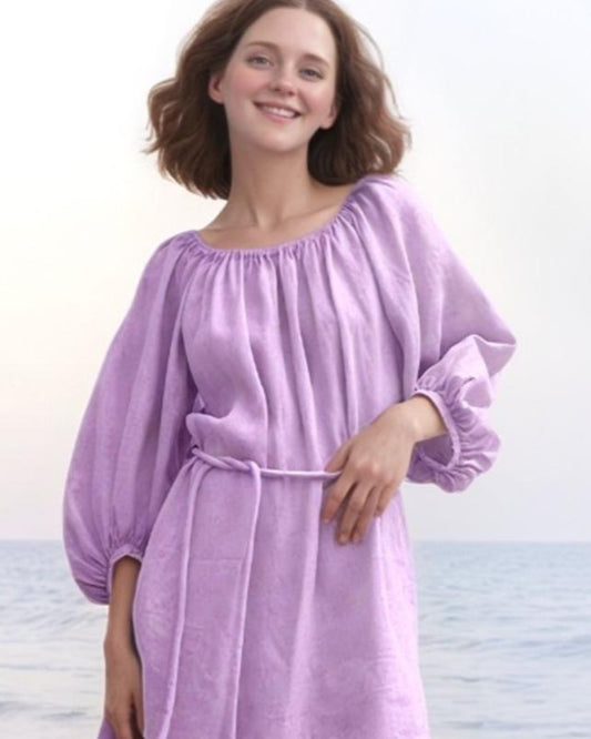Lilac Off-Shoulder Linen Dress with Belt, Long Sleeve Boho Maxi Dress, Summer Beach Casual Dress, Women's Flowy Dress | SKU.25T15T3F