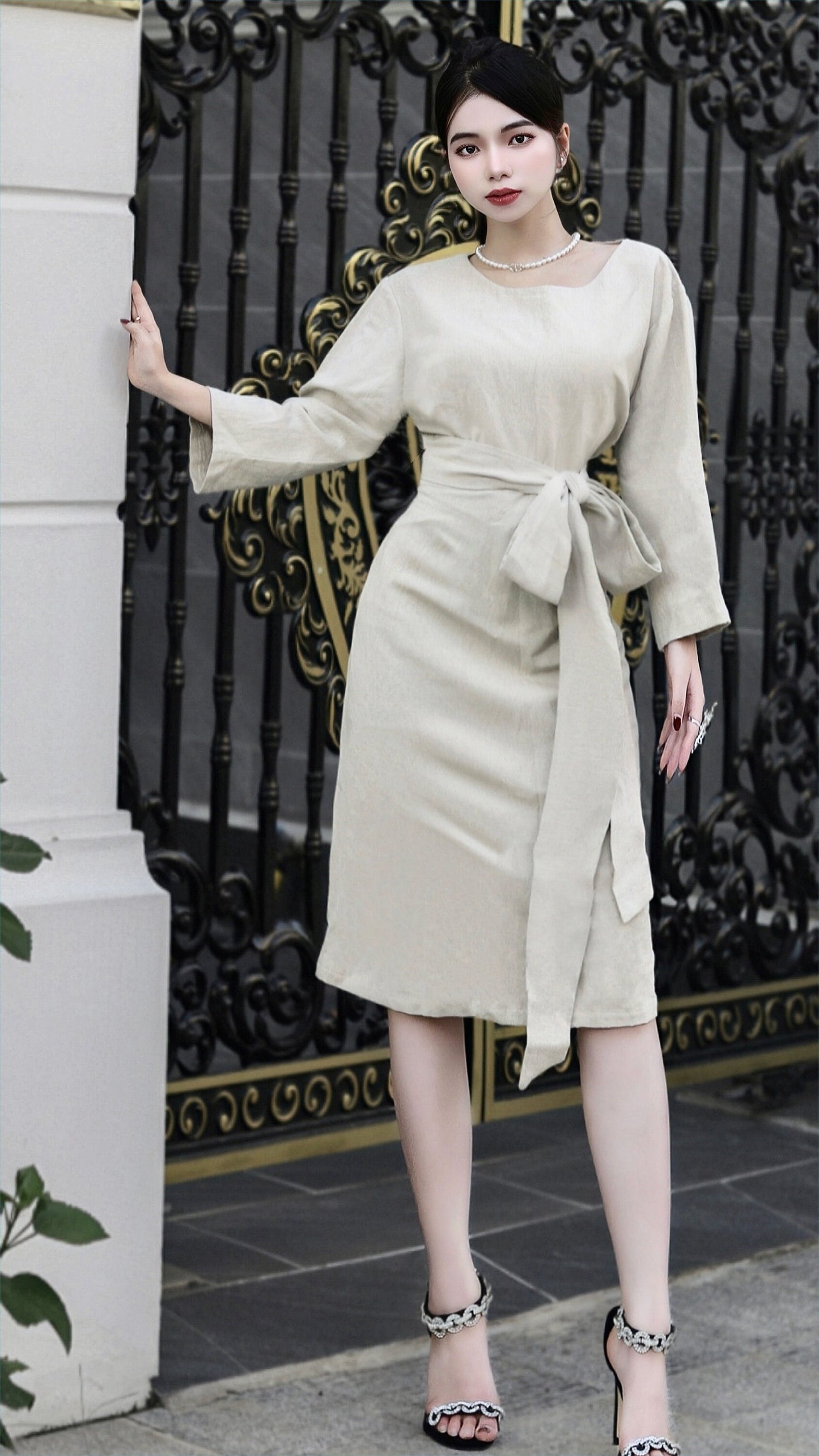 Chic Linen Midi Dress with 3/4 Sleeves, V-neck, and Customizable Features - Elevate Your Style with Personalizable Fashion | SKU.003