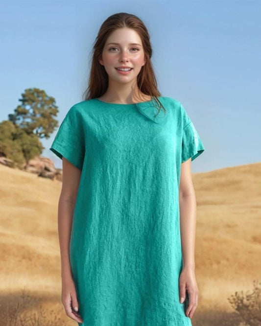 Custom Linen Tunic Dress for Women, Relaxed Fit Back Pleat Dress, Short Sleeve Summer Shift, Minimalist Beach Dress | SKU.25T14T4E