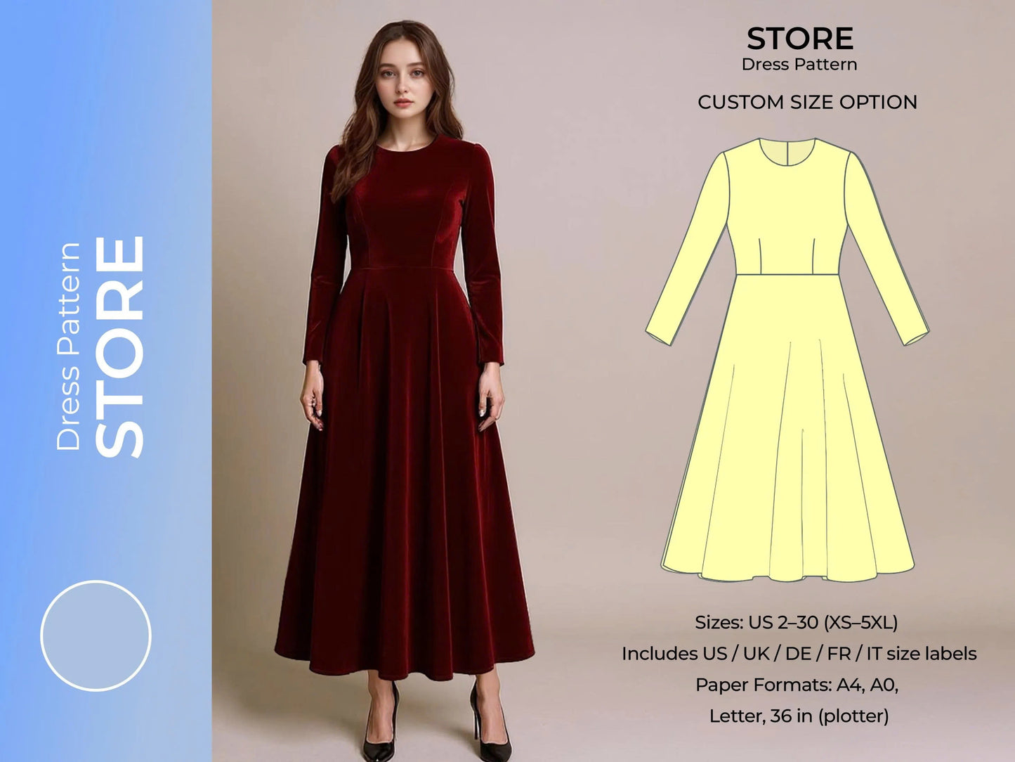 Long Sleeve Dress Sewing Pattern PDF | Maxi A-Line Dress Pattern | Printable PDF