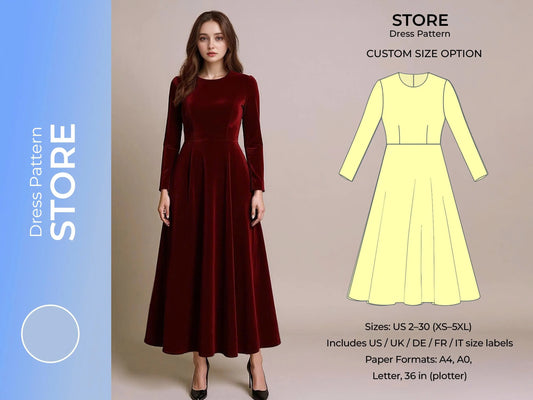 Long Sleeve Dress Sewing Pattern PDF | Maxi A-Line Dress Pattern | Printable PDF