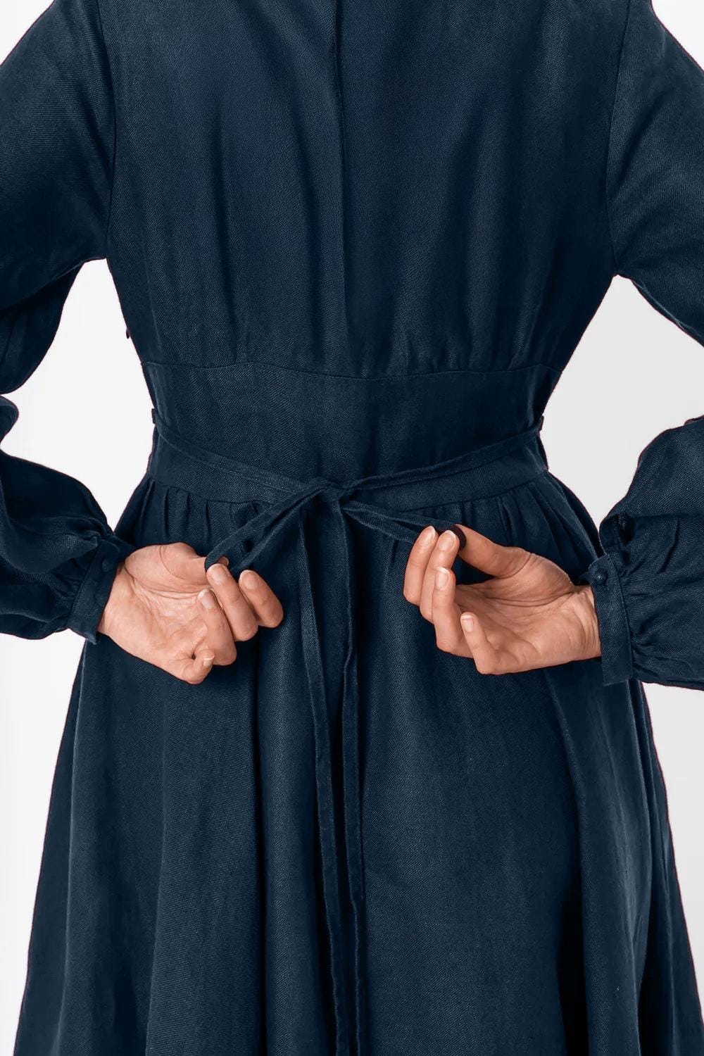Vintage-Inspired Linen Midi Dress – Elegant Puff Sleeve Dress with Waist Tie | SKU.25T11T5B