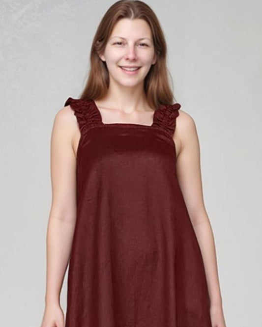 Linen Maxi Dress with Ruffle Straps, Summer Sleeveless Sundress, Loose Fit, Women's Casual Boho Style | SKU.25T15T3B