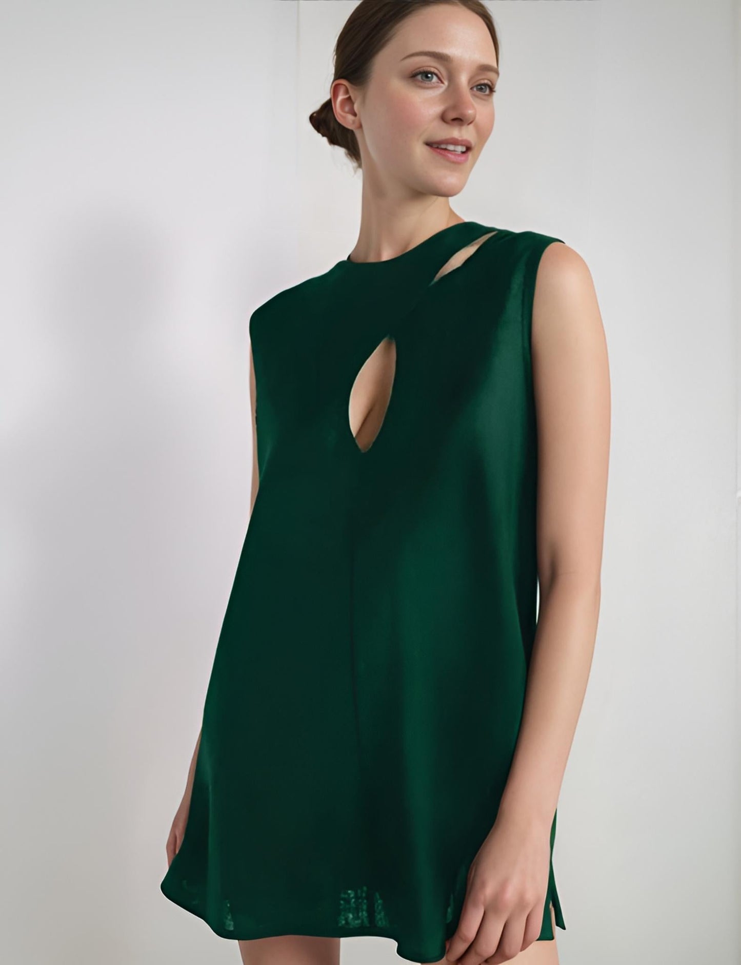 Modern Dark Green Cut-Out Mini Dress - Sleeveless Shift Dress, Unique Keyhole Design, Chic Summer Party Outfit | SKU.25T10T3D