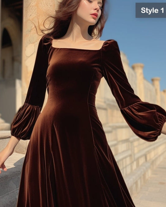 Women's Velvet Midi Dress with Puff Sleeves | Bridesmaid Dress | Spring Fall Winter Fashion | Plus Size Fit | Customizable | Personalizable