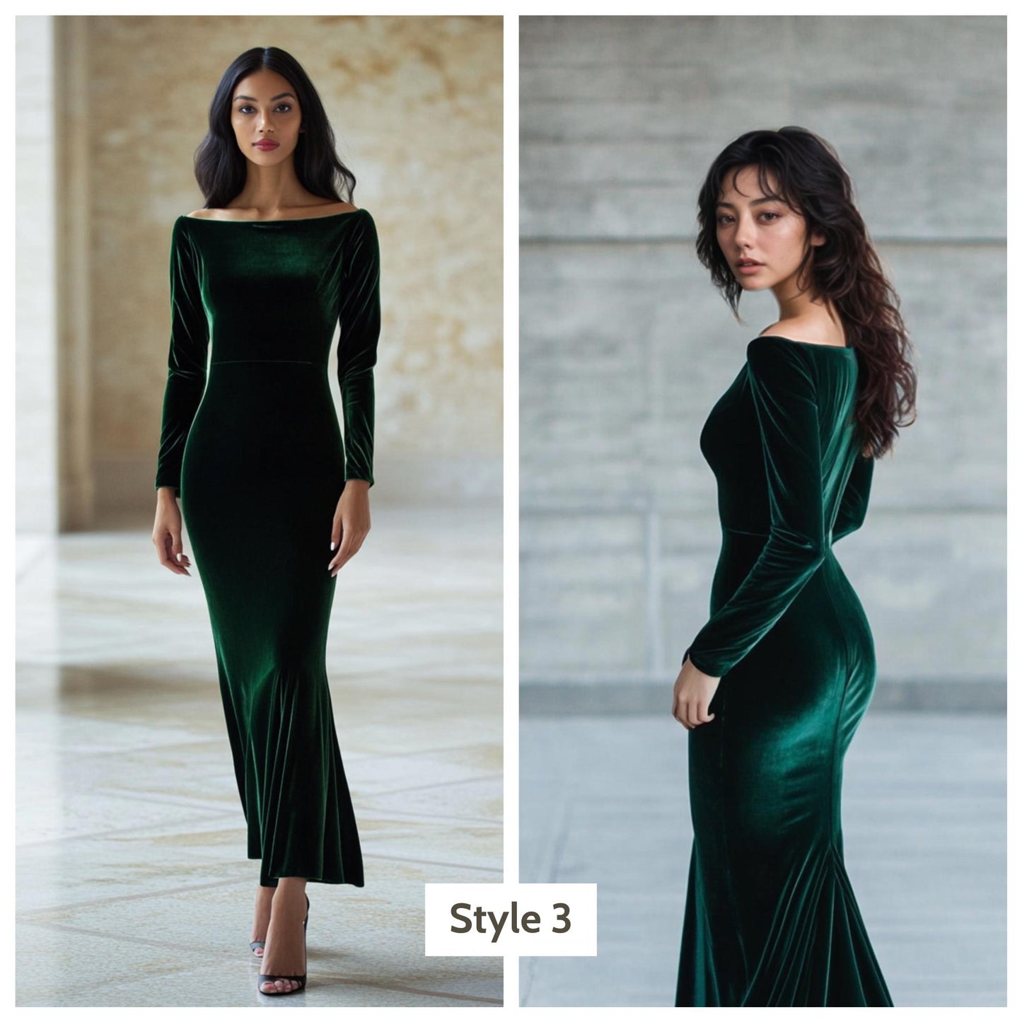 Custom Green Velvet Evening Gown, Personalized Boat Neck Dress, Tailored Long Sleeve Formal Gown | 241028B