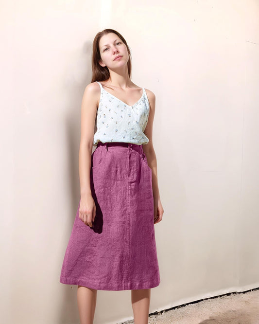 High-Waisted Linen Midi Skirt with Front Zipper and Pockets - Vintage-Inspired A-Line Skirt for Everyday Wear | SKU.25T22T3K