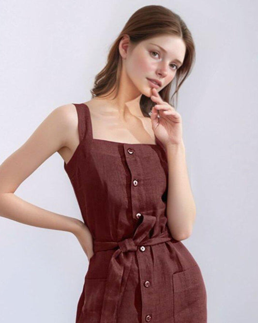 Custom Sleeveless Midi Button Dress, Square Neck Summer Dress, Belted Casual Dress with Pockets | SKU.25T14T5W
