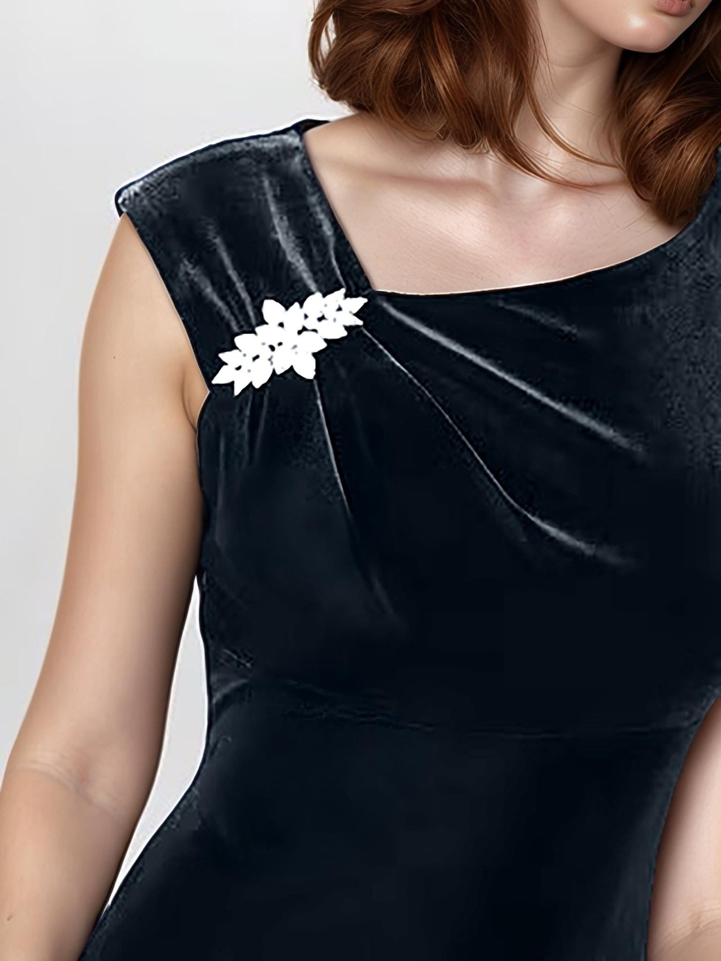 Navy Velvet Shift Dress with Brooch – Elegant Asymmetric Neckline Cocktail Dress | SKU.25T17T6C