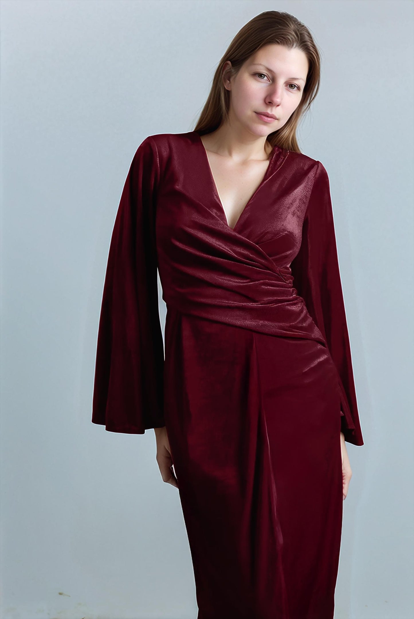 Burgundy Velvet Wrap Dress – Elegant Long Sleeve Midi Dress for Formal Events & Weddings | SKU.25T17T6H