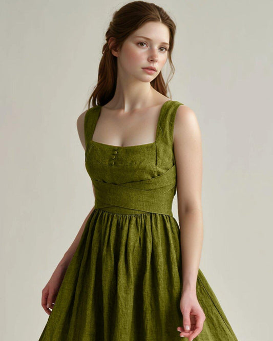 Linen Midi Dress with Cross Back, Summer Sundress, Sleeveless Flowy Dress, Cottagecore Dress, Custom Fit | SKU.25T14T6Q
