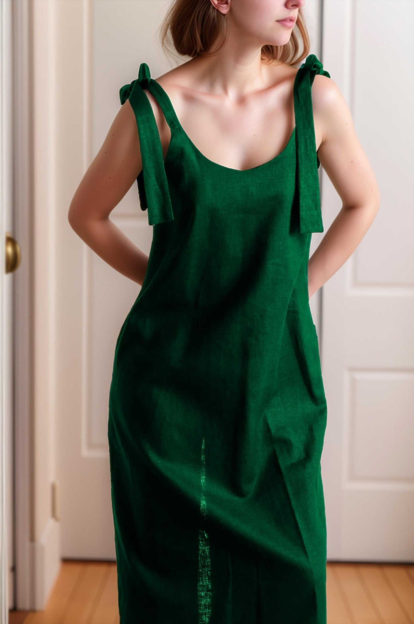 Emerald Green Linen Midi Dress | Sleeveless Bow Strap Dress for Women | Loose Fit Summer Sundress | SKU.25T11T3C