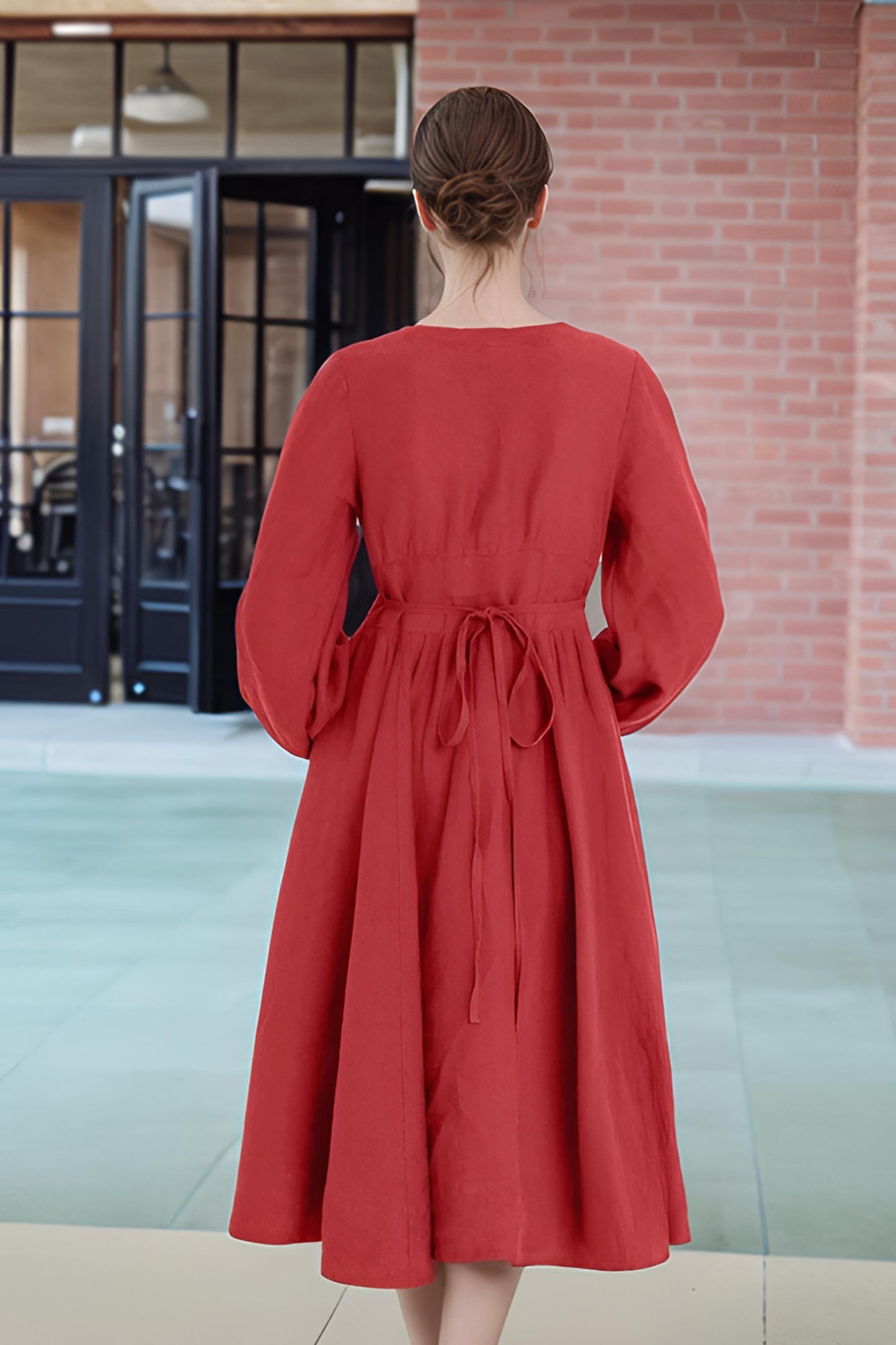 Rust Red Linen Midi Dress – V-Neck Vintage-Inspired Long Sleeve A-Line Dress | SKU.25T10T2C