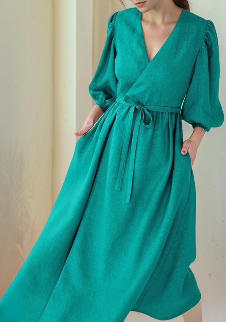 Custom Puff Sleeve Wrap Dress â€“ Linen Blend Midi Dress with Tie Waist, Romantic V-Neck Silhouette | SKU.25T14T3H