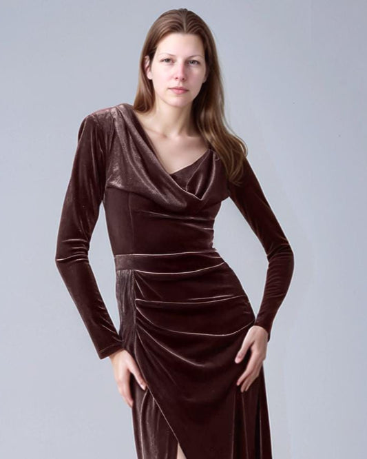 Chocolate Brown Velvet Gown – Long Sleeve Slit Maxi Dress for Formal Events & Parties | SKU.25T17T6I