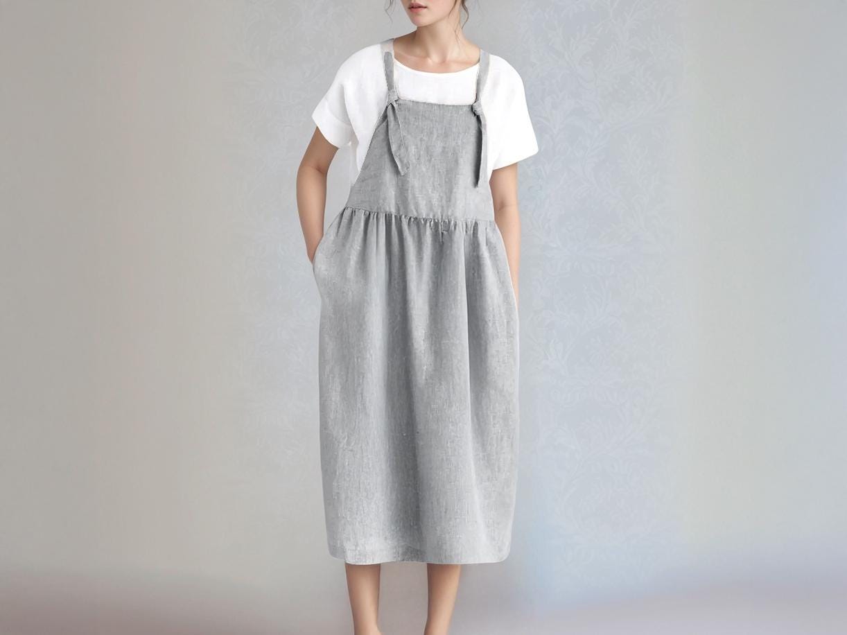 Linen Pinafore Dress for Women, Adjustable Straps, Layered Style, Handmade Apron Dress, Summer Minimalist Outfit | SKU.25T14T7U
