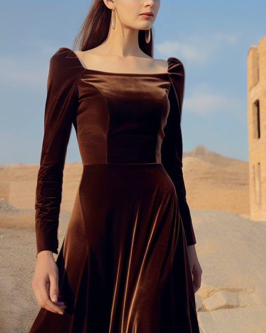 Elegant Velvet Maxi Dress, Square Neck, Full Fitted Sleeves, Closed Back - Perfect for Bridesmaids or Evening Affairs - Tailor to Your Style
