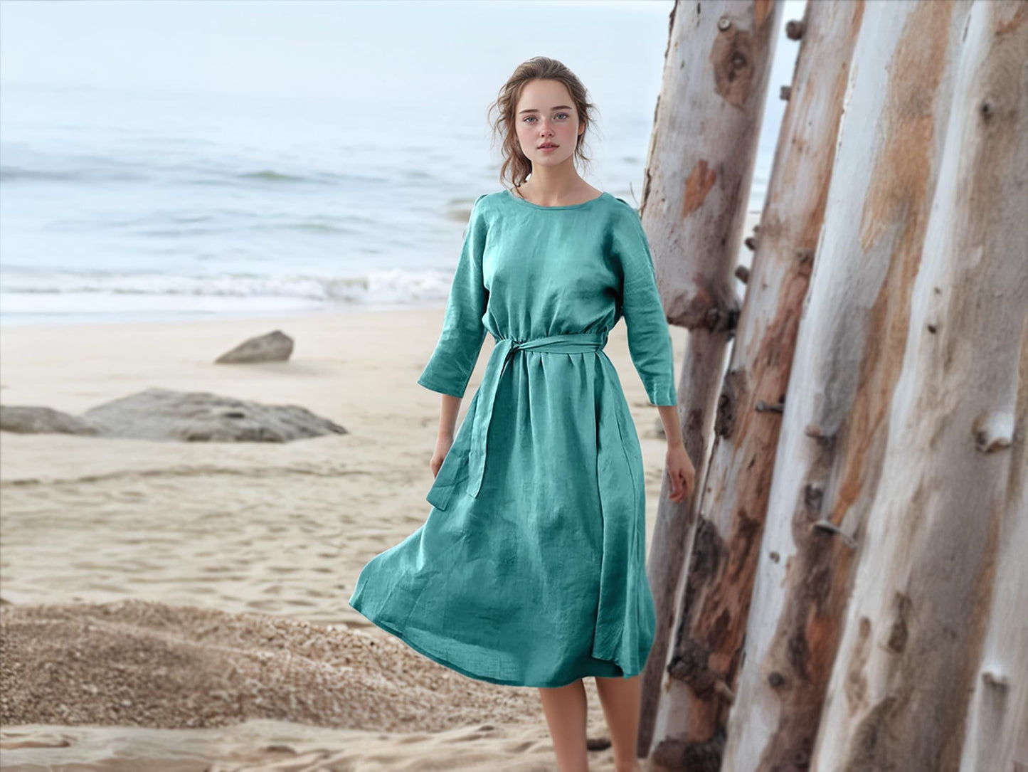 Custom Long Sleeve Midi Dress with Tie Waist â€“ Elegant Open Back Linen Blend Dress for Women, Modest Fit for Everyday | SKU.25T14T3C