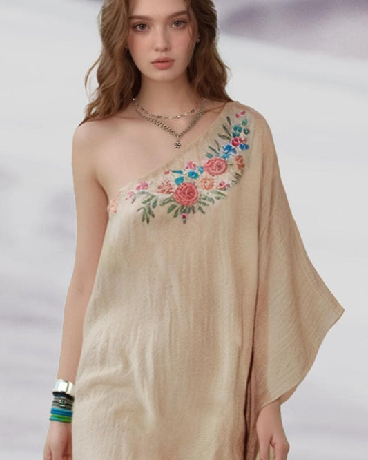 Bohemian One Shoulder Linen Maxi Dress - Embroidered Asymmetrical Kaftan | SKU.241225B