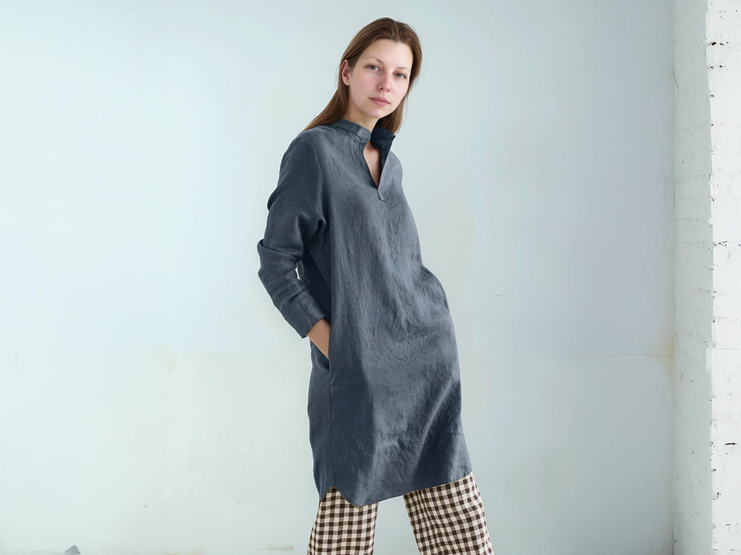 Relaxed Fit Linen Shirtdress with Mandarin Collar, Henley Neckline, Long Sleeve, Side Slit Pockets, Everyday Casual Tunic | SKU.25T22T2N