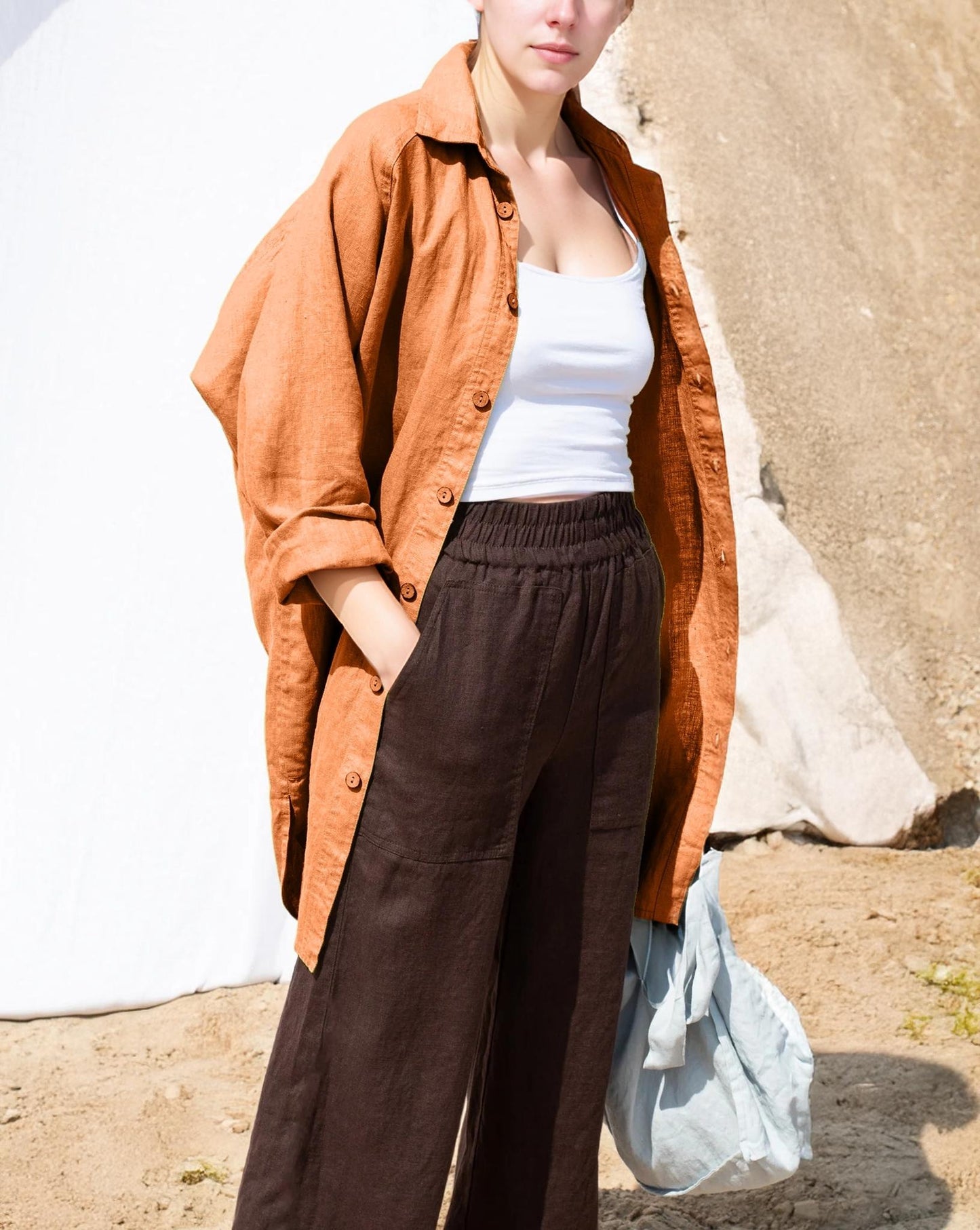 Linen Shirt for Women, Longline Button-Down, Relaxed Tunic Top, Lightweight Layering, Casual Boho Shirt | SKU.25T22T2K