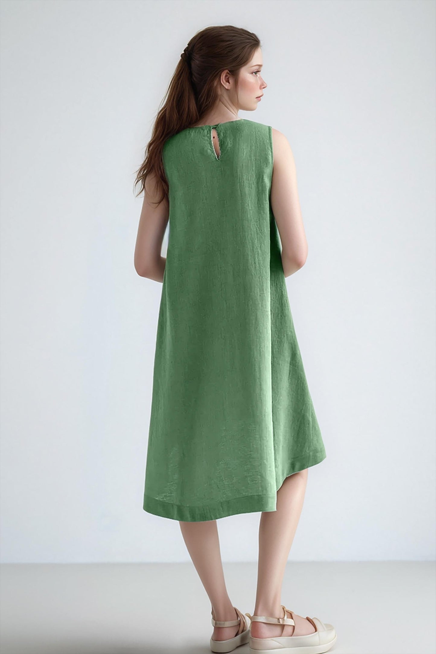 Asymmetrical Green Linen Dress, Sleeveless High-Low Hem, Summer Shift Dress, Casual Loose Fit, Minimalist Linen Dress | SKU.25T14T7E