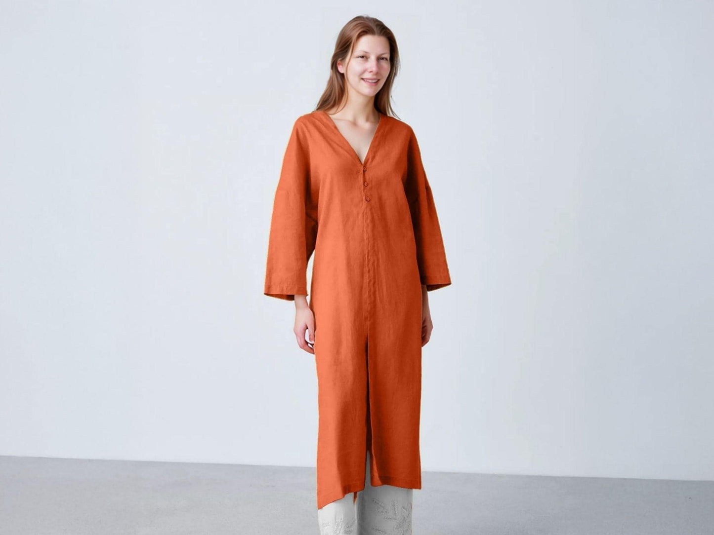 Linen Kaftan Dress - Relaxed V-Neck Long Tunic, Wide Sleeves, Minimalist Loose Fit, Natural Linen, Customizable | SKU.25T15T4K