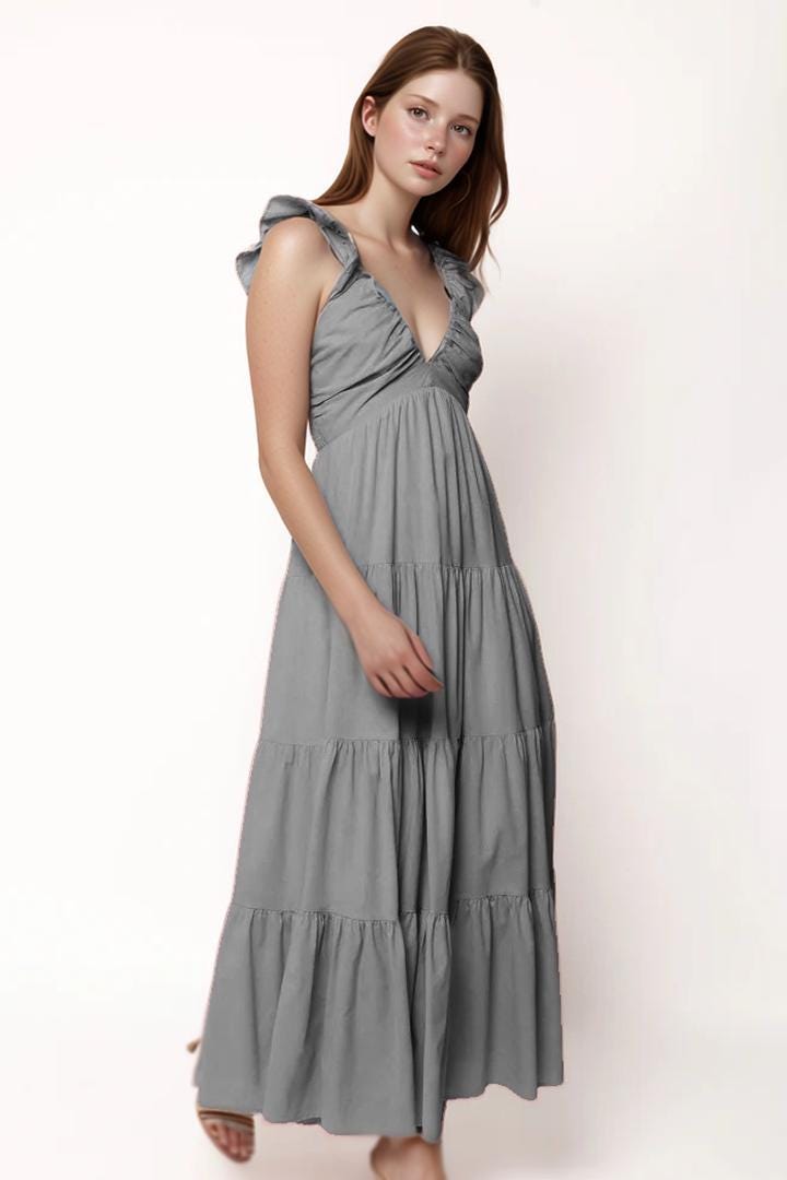 Custom Maxi Dress, Deep V Summer Dress, Sleeveless Flowy Long Dress, Boho Casual Dress, Women's Tiered Sundress| SKU.25T14T6G