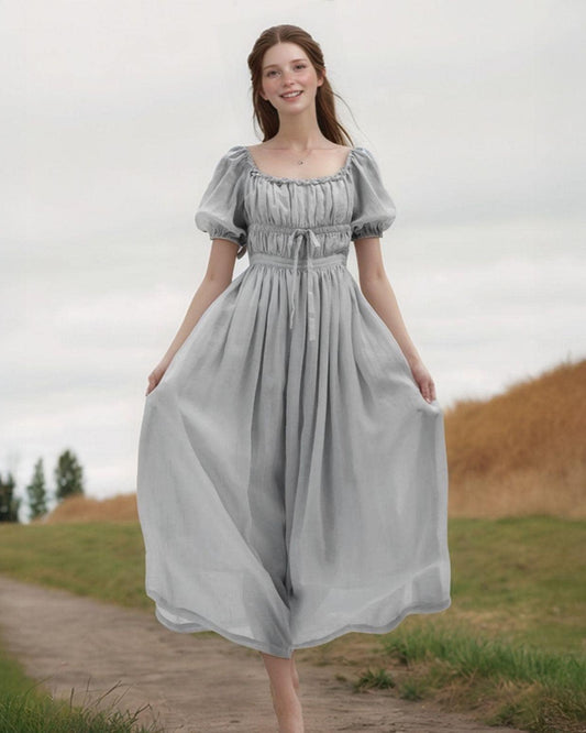 Puff Sleeve Linen Dress - Romantic Off Shoulder Maxi Dress with Ruched Bodice, Soft Elastic Linen for Summer | SKU.25T14T6D