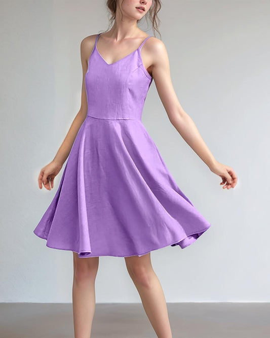 Custom Lavender Linen Flare Dress, Spaghetti Strap Fit and Flare Sundress, Summer Midi Dress for Women, Casual Purple Dress | SKU.25T14T5D