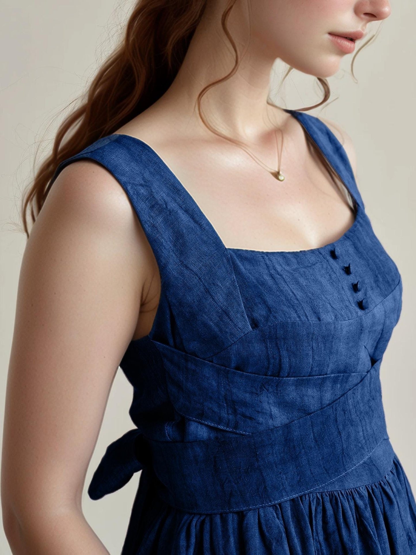 Linen Midi Dress, Square Neckline, Cross-Back Tie, Vintage Summer Boho Style, Custom Size Option | SKU.25T14T6K