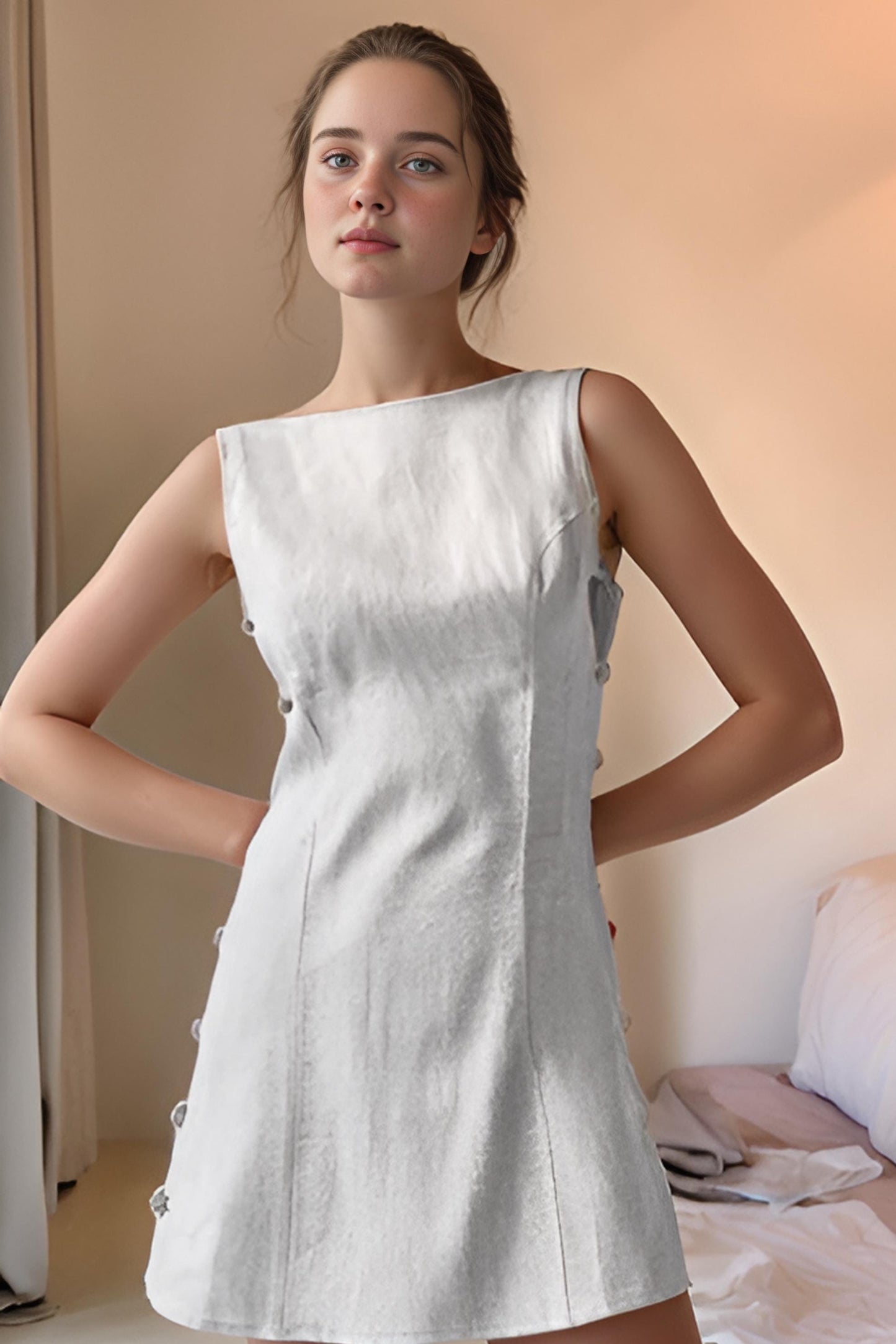 Minimalist White Linen Dress, Open Back, Side Knot, Handmade Summer Outfit | SKU.25T10T3B