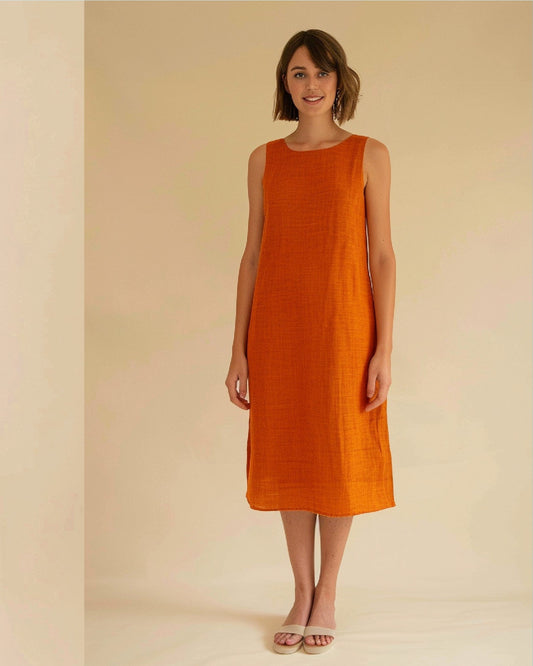 Customizable Chic Burnt Orange Linen Dress - Sleeveless, Loose Fit, Ideal for Personalized Summer Comfort and Style | SKU.012