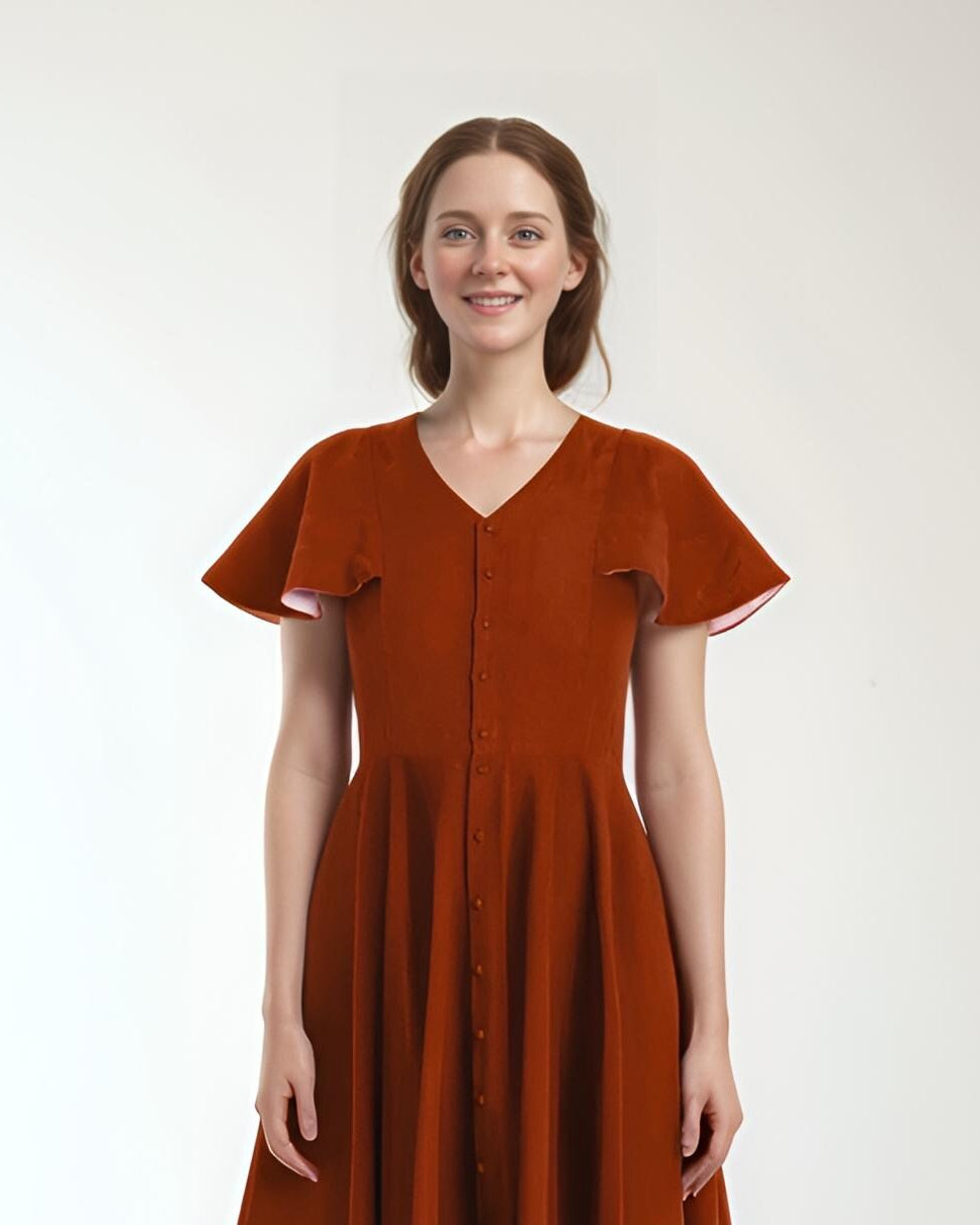 Rust Linen Midi Dress with Flutter Sleeves – Button Front Summer Dress for Women | SKU.25T10T2A