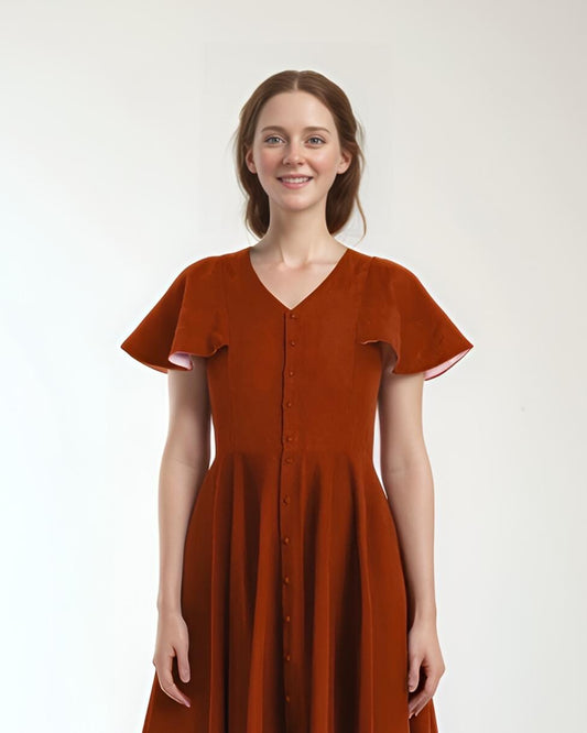 Rust Linen Midi Dress with Flutter Sleeves – Button Front Summer Dress for Women | SKU.25T10T2A