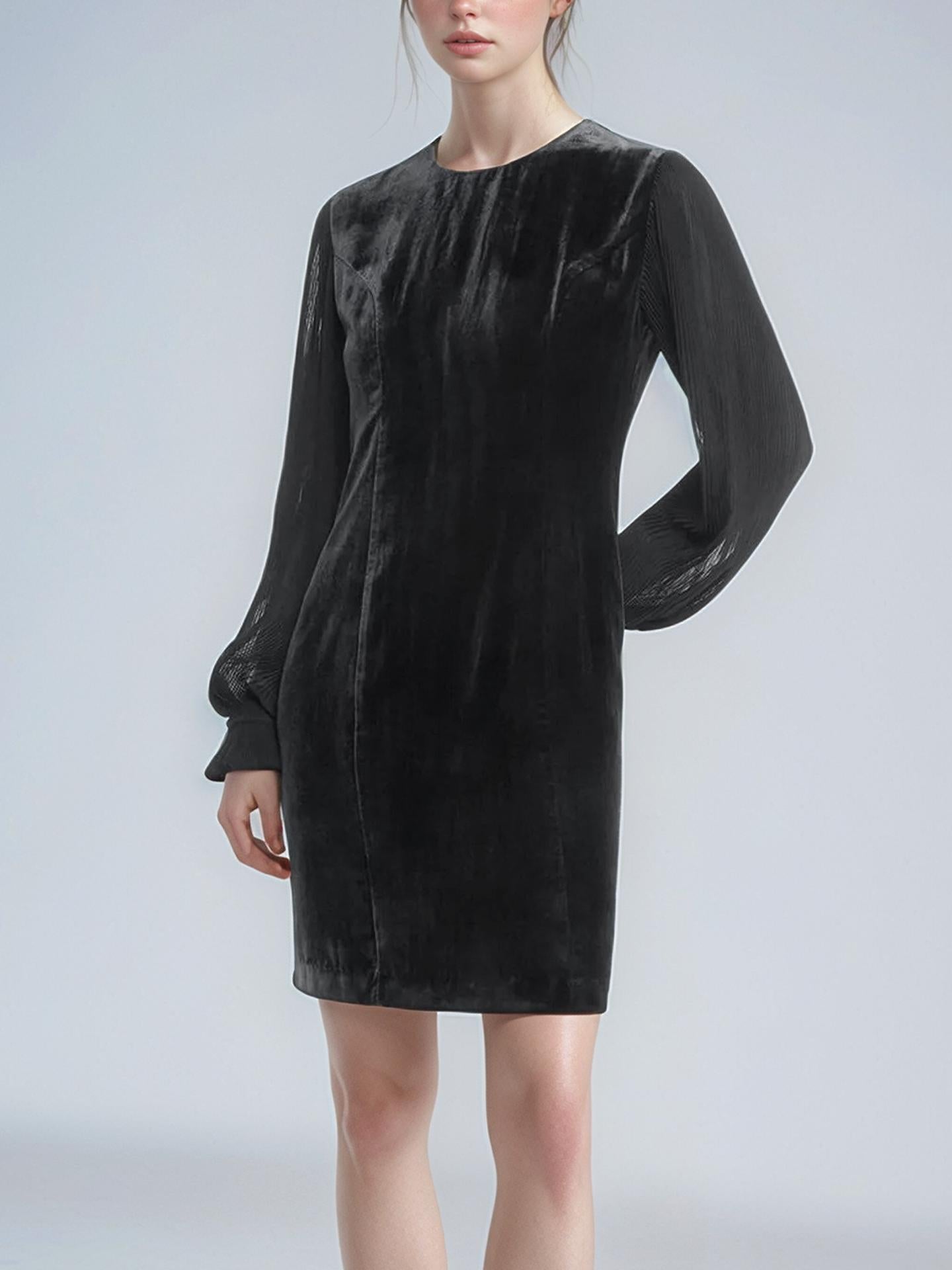 Black Velvet Mini Dress with Sheer Long Sleeves – Elegant Round Neck Party Dress for Women | SKU.25T17T6K
