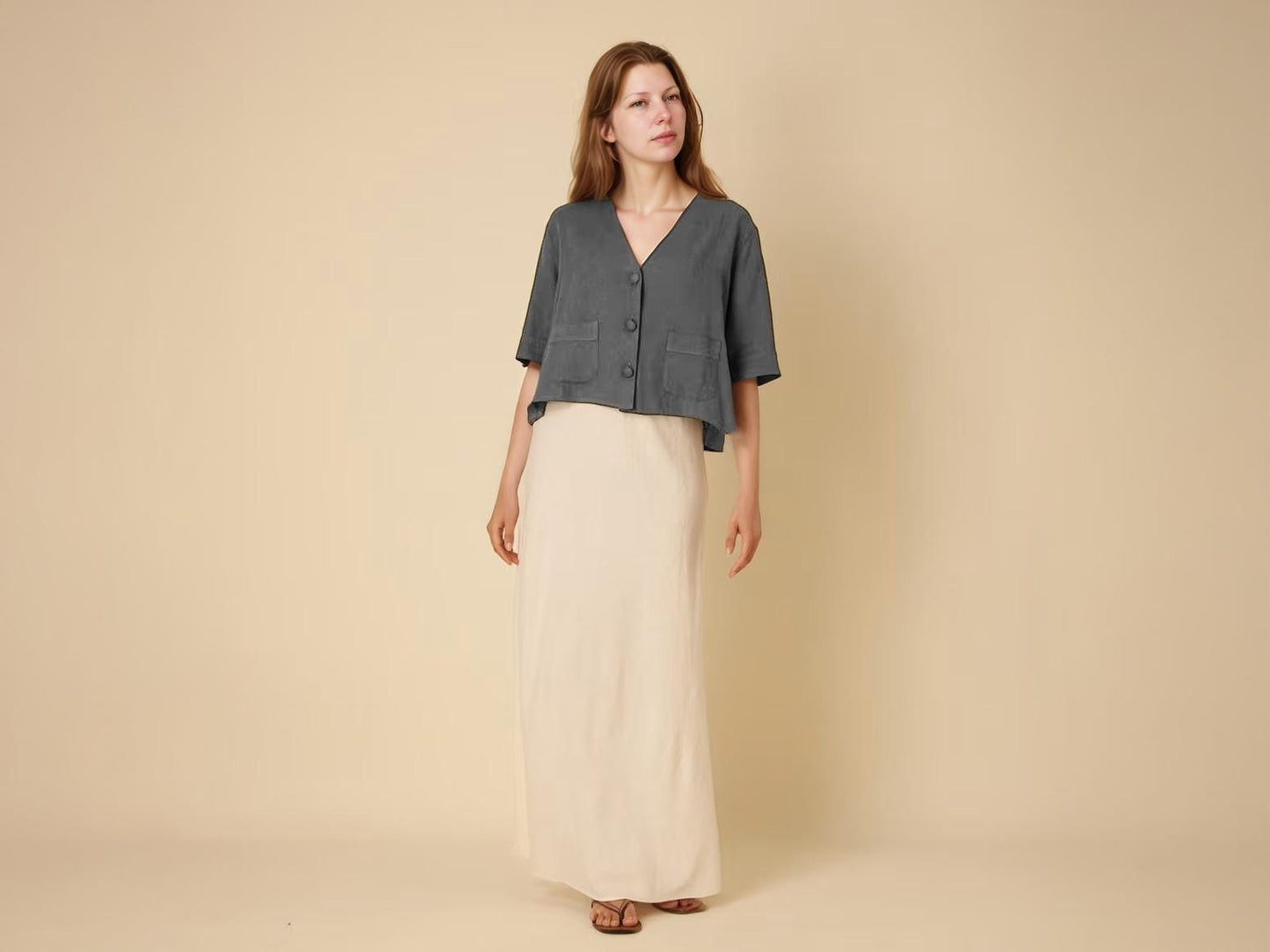 Linen V-Neck Relaxed Shirt - Cropped Boxy Fit, Button Front, Short Sleeve Summer Blouse | SKU.25T22T3Z