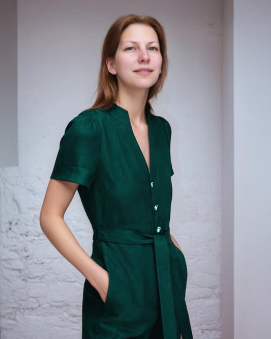 Elegant Satin Wide-Leg Jumpsuit | Short-Sleeve Button-Down Belted Romper  | SKU.25T11T7G