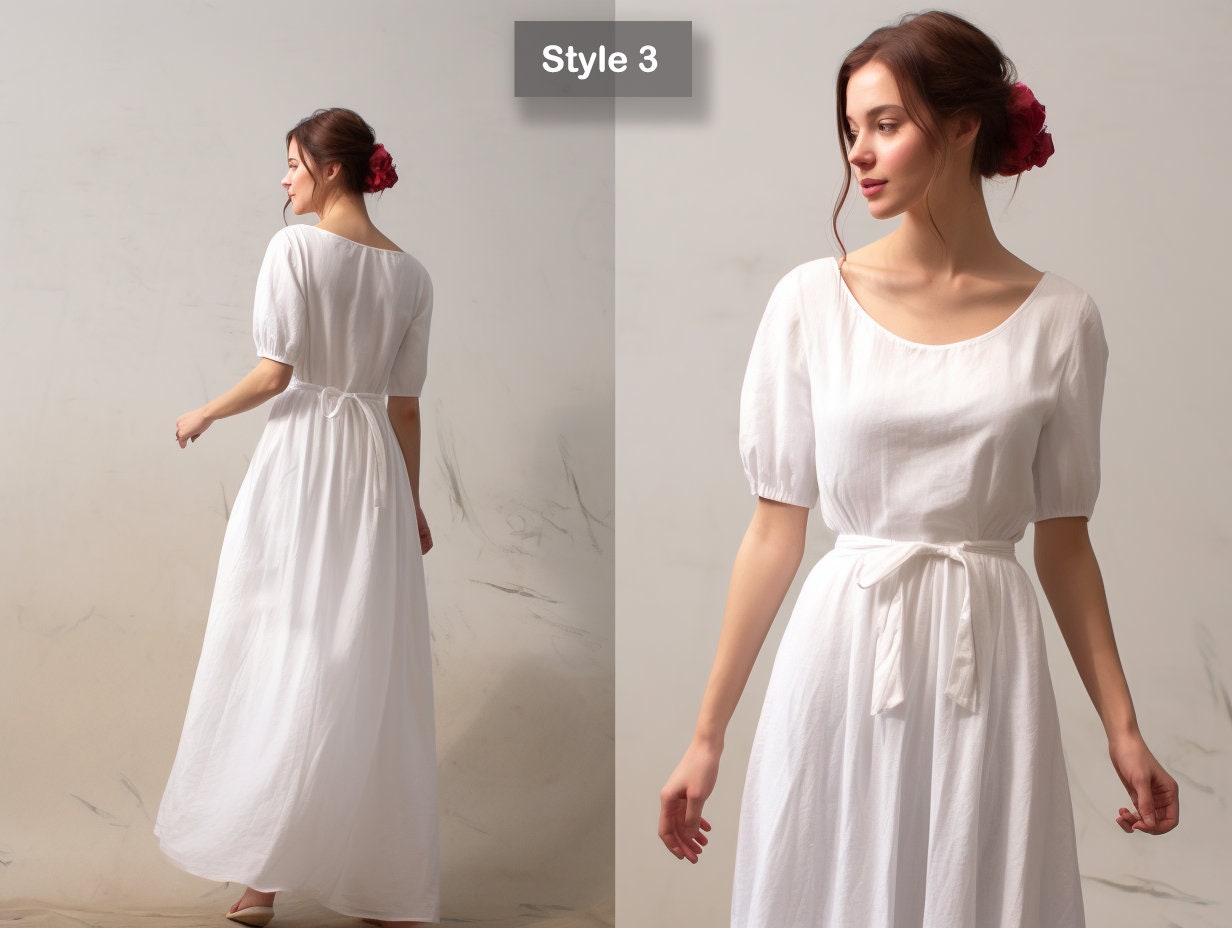 Handmade Modest White Linen Wedding Dress - Midi Summer Dress - Women's Linen Clothing | 230820A