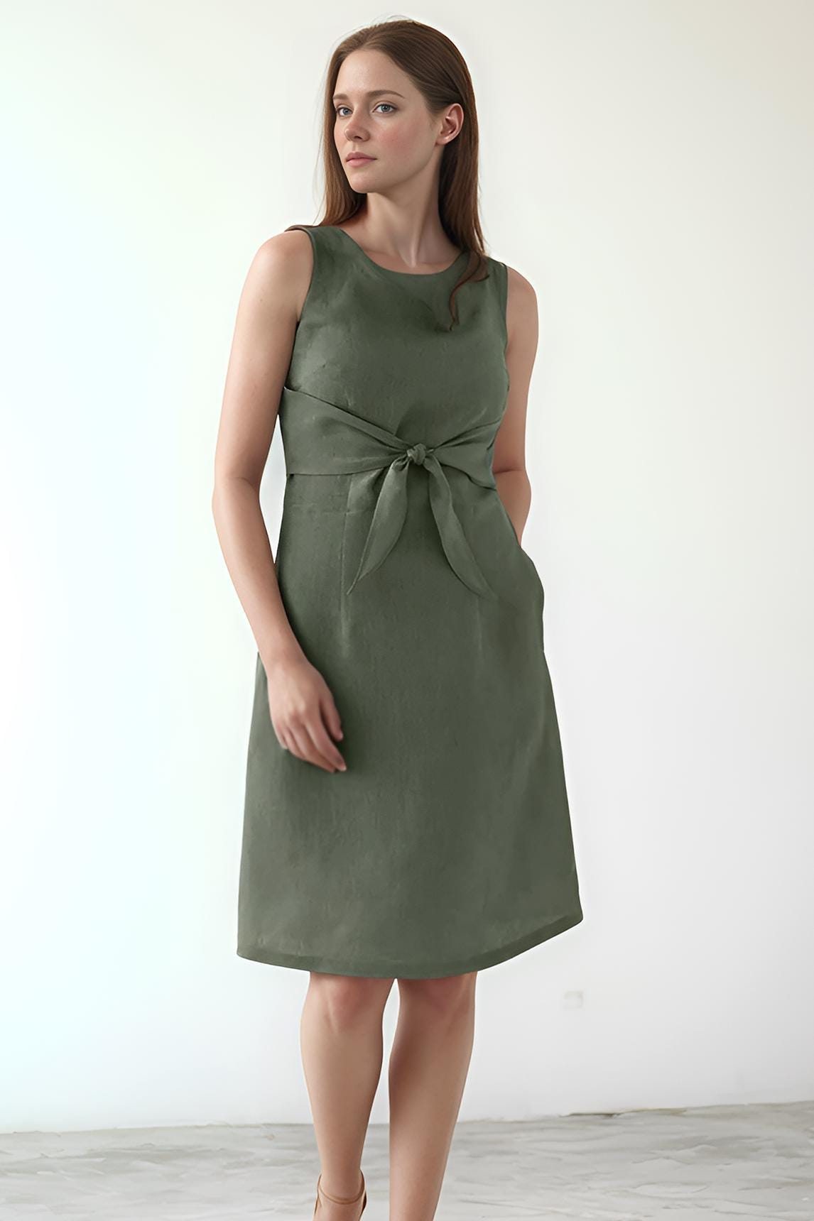 Olive Green Linen Dress with Front Waist Tie – Sleeveless A-Line Summer Midi Dress with Pockets | SKU.25T09A12