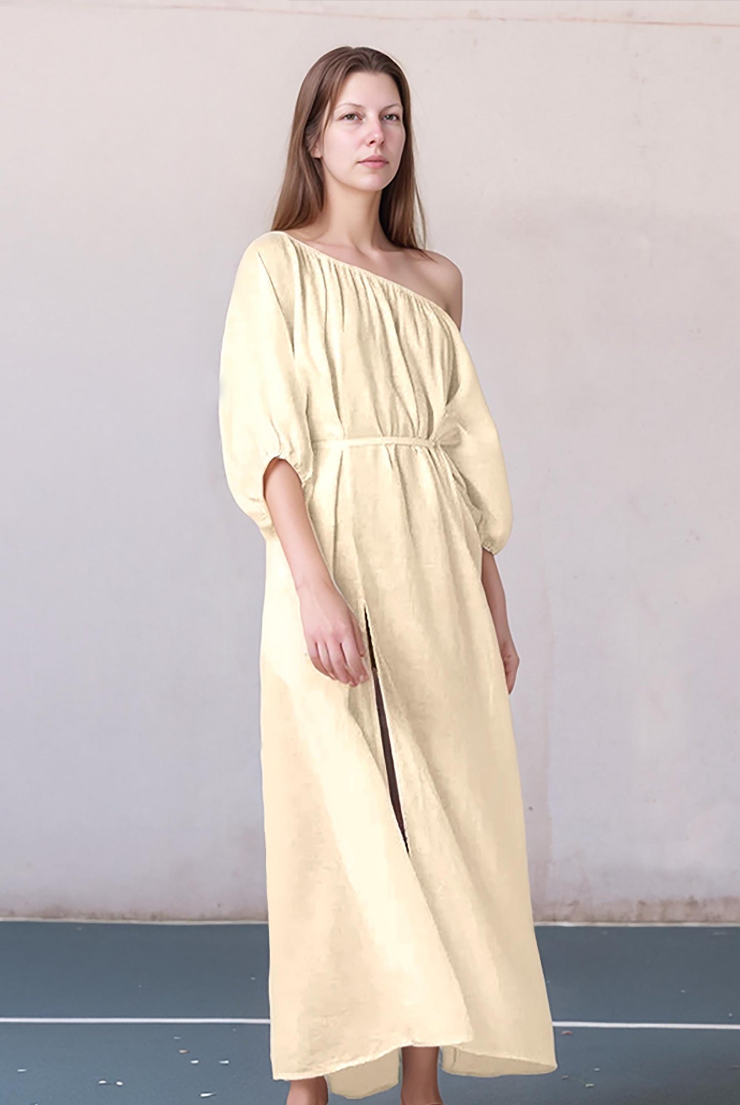 Off-Shoulder Maxi Linen Dress with Side Slit - Elegant Beige | SKU.25T11T7B