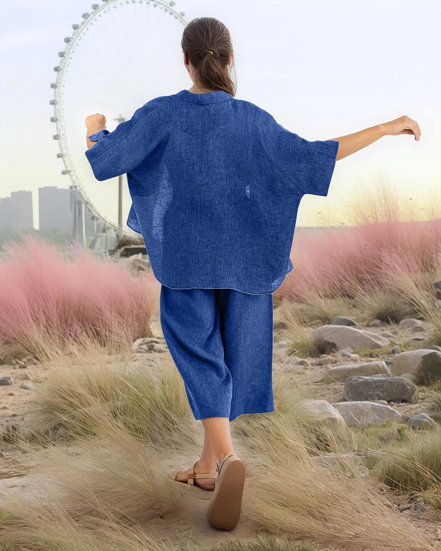 Custom Relaxed Linen Blend Two-Piece Set – Lightweight Elastic Waist Wide Leg Pants & Button Down Top | SKU.25T14T4D