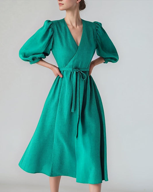 Custom Puff Sleeve Wrap Dress â€“ Linen Blend Midi Dress with Tie Waist, Romantic V-Neck Silhouette | SKU.25T14T3H