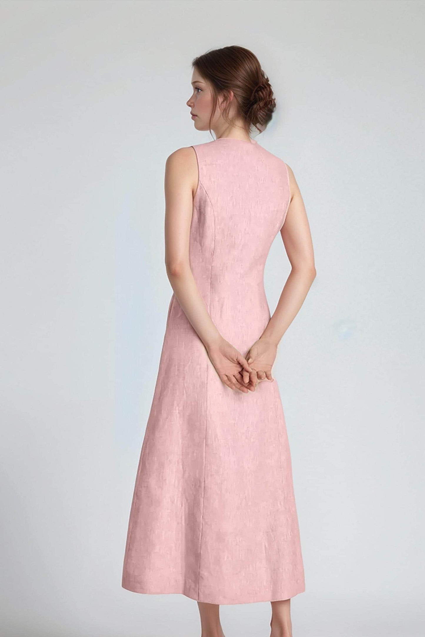Sleeveless Pink Linen Midi Dress, Button Down Summer Dress, A-Line Casual Elegant Dress for Women | SKU.25T11T3H