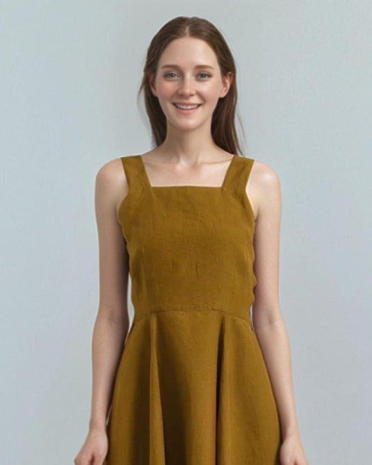 Linen Pinafore Dress – Square Neck Sleeveless Midi Dress with Side Button Detail | SKU.25T11T5K