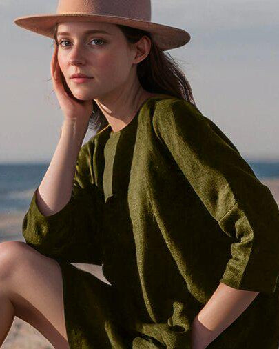 Elegant Green Linen Shift Dress, Long Sleeve Relaxed Fit, Womenâ€™s Boho Fall Dress, Minimalist Casual Dress with Pockets| SKU.25T14T7H