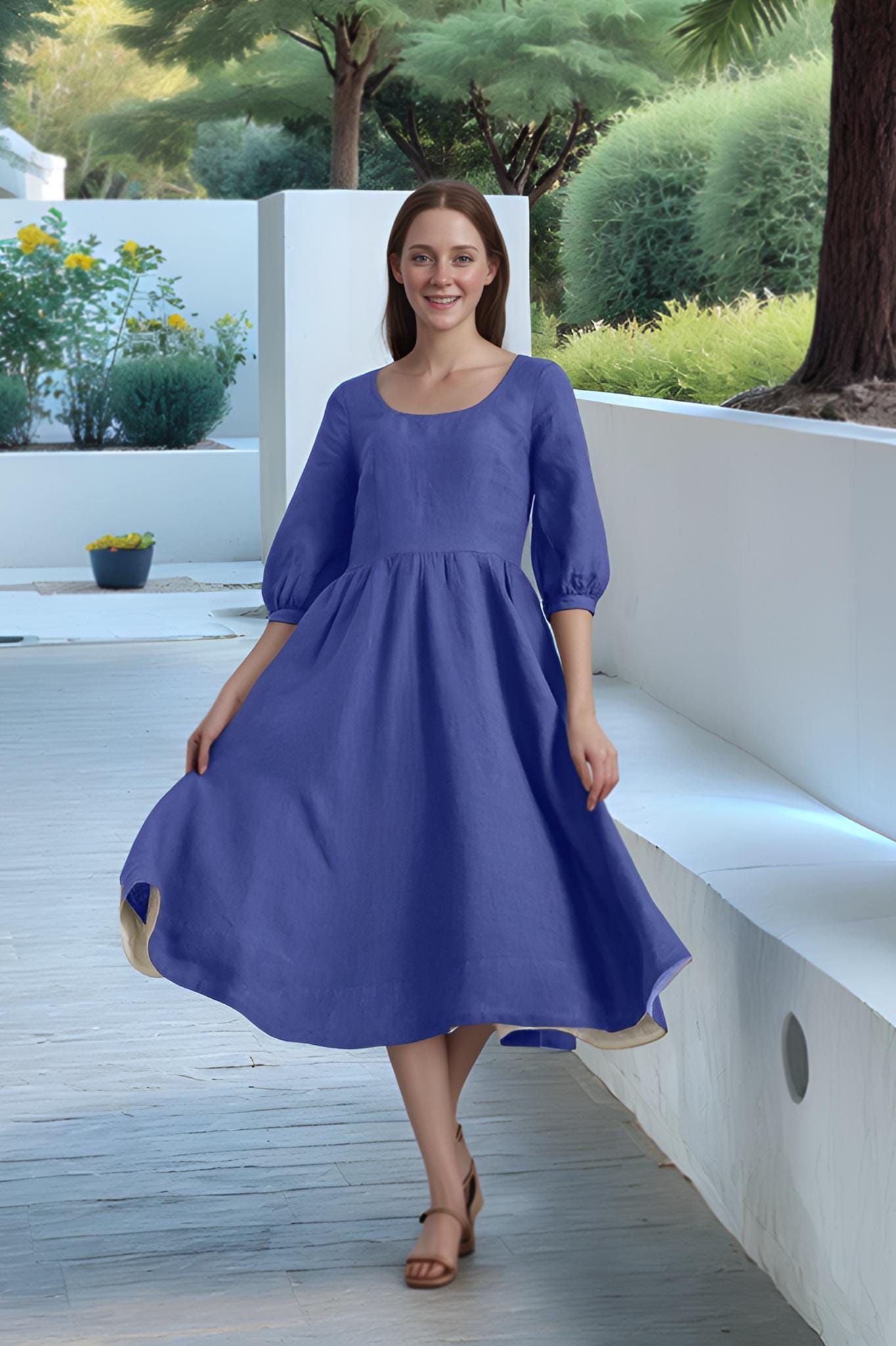 Cobalt Blue Linen Midi Dress – Puff Sleeve Boho Dress with Scoop Neck for Women | SKU.25T10T2D